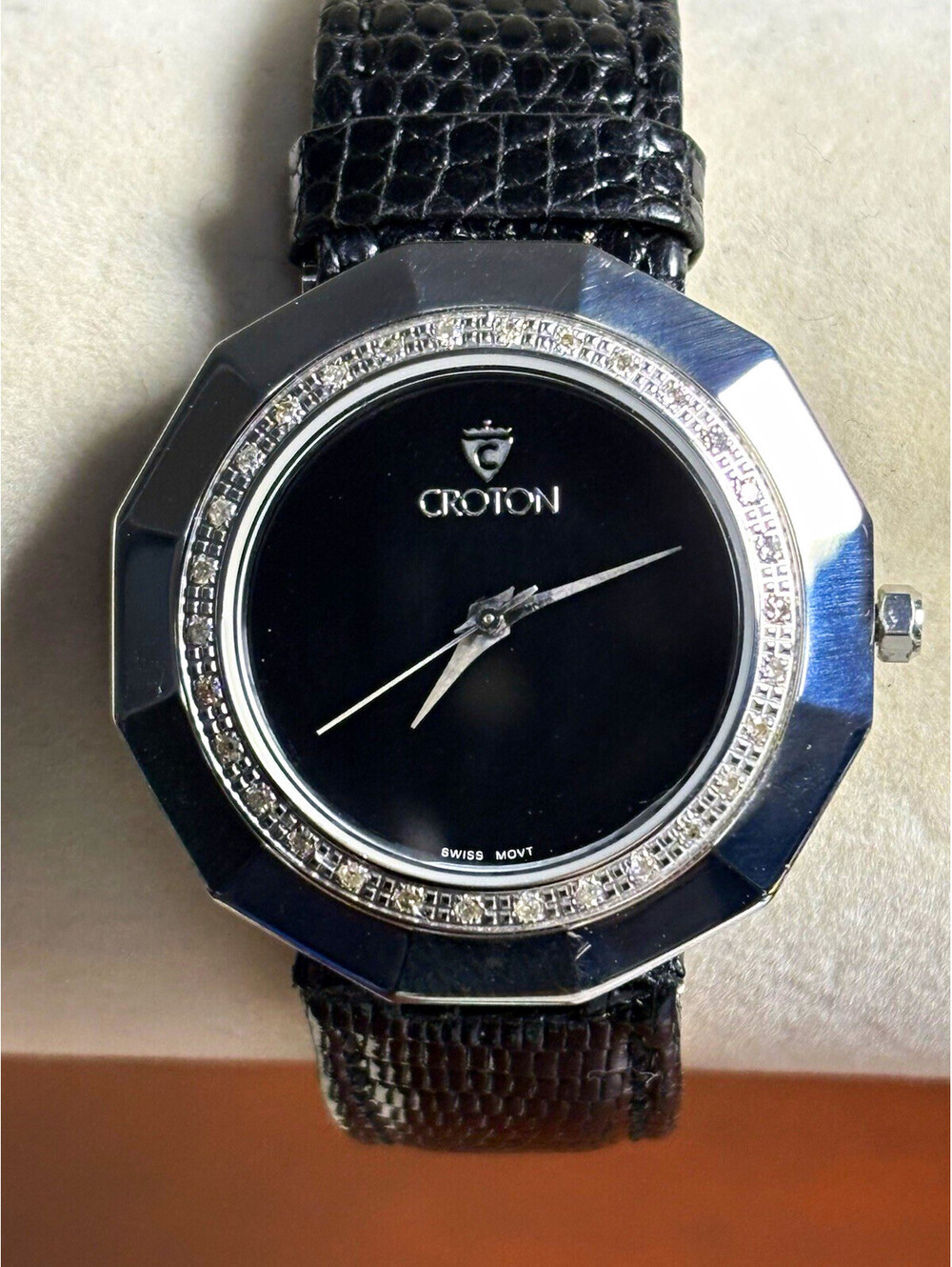 Croton Swiss Movt Octagon Diamond Bezel Black Dial All Stainless Steel 3ATM RUNS